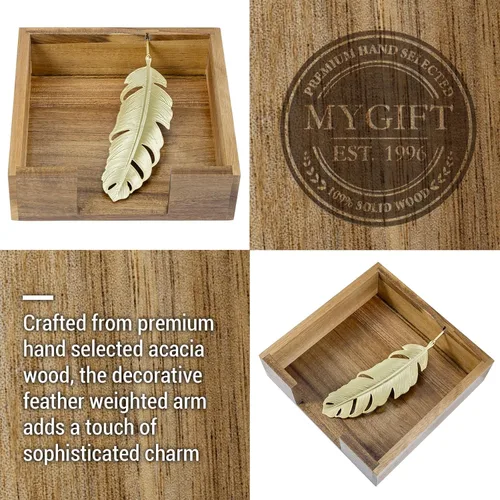 Miniatura 2 de MyGift Servilletero de mesa de madera de acacia de alta calidad, dispensador de servilletas cuadrado rústico con brazo decorativo de plumas de tono