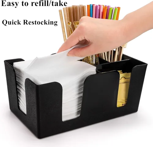 Miniatura 5 de Tebery Paquete de 3 barras de plástico negro con 6 compartimentos, organizador de barra recargable para servilletas, palillos de dientes, pajitas