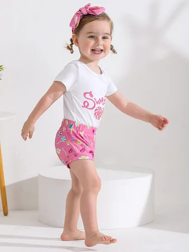 Miniatura 3 de ESHOO Conjunto de mameluco para bebé niña con estampado de caramelo, pantalones acampanados, diadema