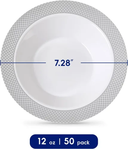 Miniatura 2 de JOLLY CHEF Paquete de 50 cuencos de plástico con borde plateado, cuencos de sopa desechables de 12 onzas, cuencos de plástico resistentes