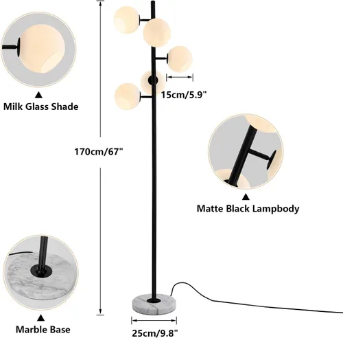 Miniatura 2 de KCO Lighting Five Globe - Lámpara de pie moderna de mediados de siglo, pantalla de vidrio de leche, acabado negro, base de mármol para sala de estar