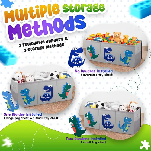 Miniatura 6 de Organizador de almacenamiento de juguetes extra grande para niños, caja de juguetes plegable de 40 x 13 x 16 pulgadas con 3 tapas, divisores