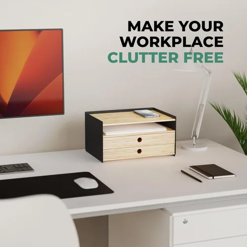 Miniatura 2 de Prosumer's Choice Organizador de escritorio de bambú de 3 niveles con 2 cajones, bandeja de papel de madera para una configuración limpia