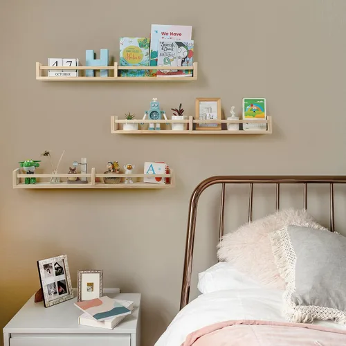 Miniatura 4 de Austin yan Estantería de pared para guardería, 32 pulgadas, juego de 3, estantería flotante de madera para niños, color madera natural, estante