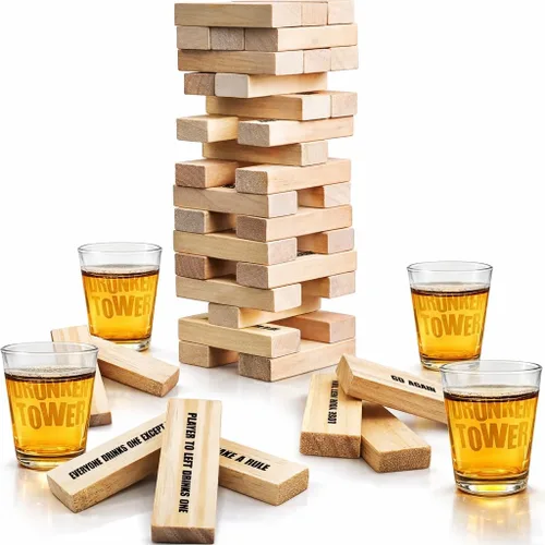 ArtCreativity Juegos de beber en torre para adultos, con 4 vasos y 60 bloques de madera con desafíos, divertidos juegos de fiesta para adultos para