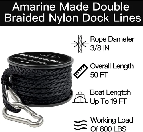 Miniatura 2 de Cuerda de anclaje para barco de nylon trenzado doble de 50 pies de 3/8 pulgadas con guardacabo de acero inoxidable 316 y gancho de resorte Negro
