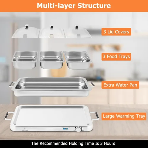 Miniatura 4 de Giantex Servidor de Buffet y Calentador de Alimentos Eléctrico, Bandeja de Calentamiento de Alimentos 2 en 1, Temperatura Ajustable, 3 Bandejas