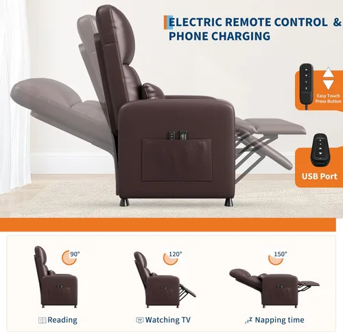 Miniatura 3 de GarveeHome - Silla reclinable eléctrica con calor y masaje, sofá individual ergonómico de cuero sintético ajustable, respaldo alto, asiento PU Marrón