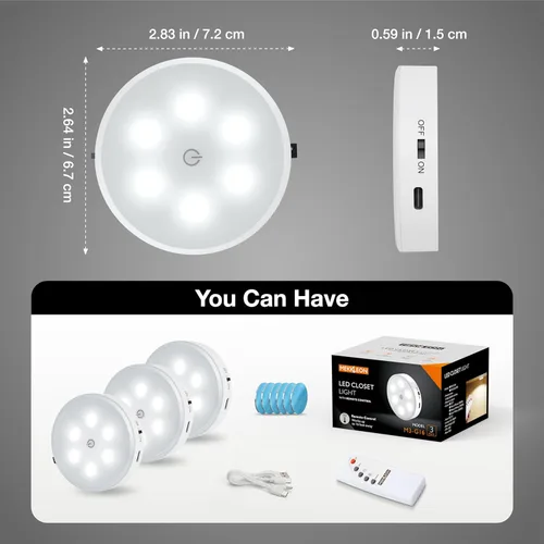 Miniatura 7 de Luces de disco con control remoto, iluminación recargable de 1000 mAh para debajo del gabinete, luces LED de armario, paquete de 3 luces nocturnas