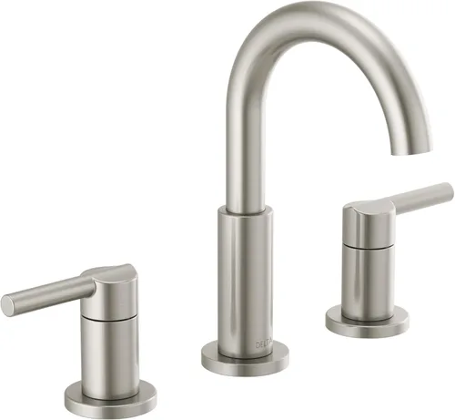 Delta Nicoli Grifo de Níquel Cepillado de 3 Agujeros, Grifo de Lavabo de Baño Tipo Widespread de 8 Pulgadas para Tocador, Ensamblaje de Drenaje