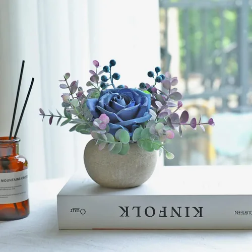 Miniatura 3 de Decoración de rosas artificiales en maceta, mini plantas de imitación para decoración de interiores, rosas falsas para el hogar, baño, cocina
