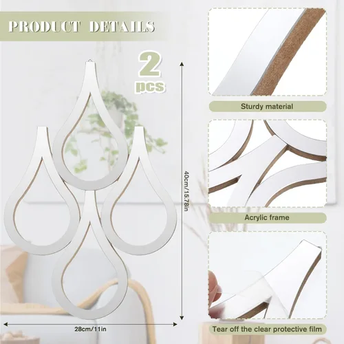 Miniatura 2 de Weysat Espejo de pared con forma de lágrima de 2 piezas para colgar en la pared, espejo decorativo de acento para el hogar, sala de estar, Plata