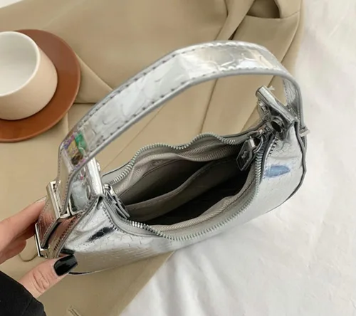 Miniatura 7 de Bolso Hobo para mujer, bolso de plata Y2k, brillante de noche, embrague brillante, para axilas, bolso de hombro de piel sintética