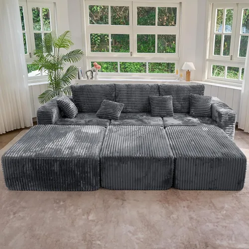Miniatura 9 de Sofá cama seccional modular de 113", sofás de nube convertibles para sala de estar con otomana, juego de sofá cama de pana sin estructura de 6 Gris
