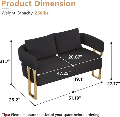YITAI Sofá Loveseat Moderno Sillas de Acento sin Ruedas, Sillas Laterales para Sala de Estar con Patas de Metal Dorado, Sillones de Lectura