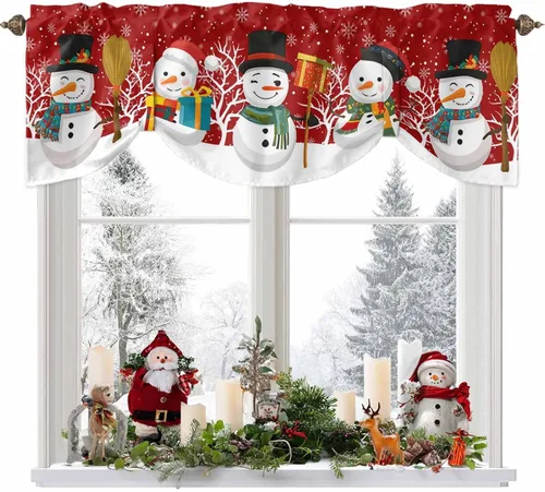 Miniatura 28 de Cenefa de amarre cardenal de Navidad, cenefa de cocina ajustable con hojas de eucalipto verde baya, cenefas blancas con bolsillo para barra