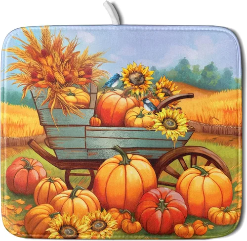 Miniatura 70 de Tapete de Secado de Platos de Florero de Girasoles Otoñales para Encimera de Cocina, Tapete de Secado de Hojas de Arce y Calabaza Otoñal de 16 x 18