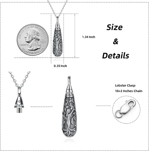 Miniatura 134 de Collar con colgante de urna de cenizas de cremación y árbol de la vida para mujer, plata de ley US1