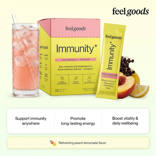 Miniatura 2 de Feel Goods Immunity+, apoyo inmunológico, hierbas orgánicas, 500 mg de vitamina C, paquetes de polvo cero azúcar, antioxidantes, zinc