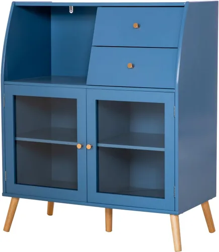 Miniatura 4 de Sophia & William Armario de almacenamiento azul, armario aparador con puertas y cajones de cristal, gabinete de acento de cocina para sala de estar