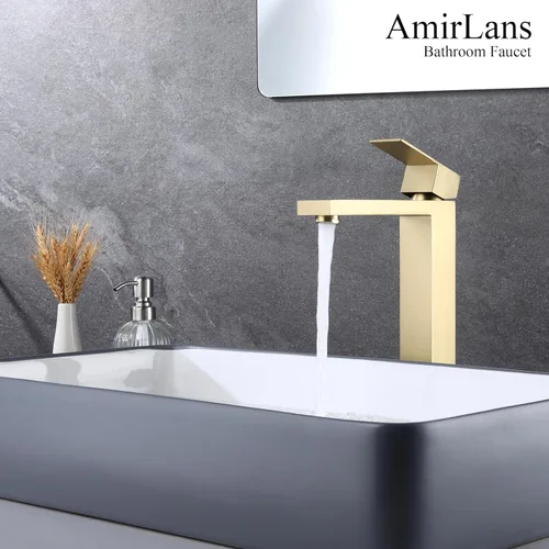 Miniatura 6 de llave de fregadero dorado cepillado, grifo de baño dorado de un solo agujero, grifo de fregadero de una sola manija alto con desagüe desplegable