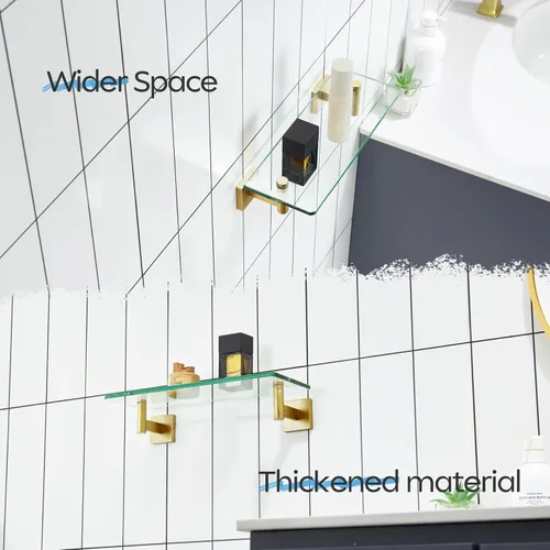 Miniatura 5 de KOKOSIRI Estantes de pared flotantes de acero inoxidable dorado de 12 pulgadas, accesorios de baño de vidrio templado, estante colgante para Oro