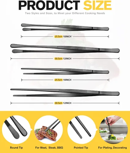 Miniatura 4 de 4 piezas de pinzas largas y finas profesionales negras, de 12'' y 10'' de acero inoxidable para cocina, alimentos, cocinar, reparación, mariscos