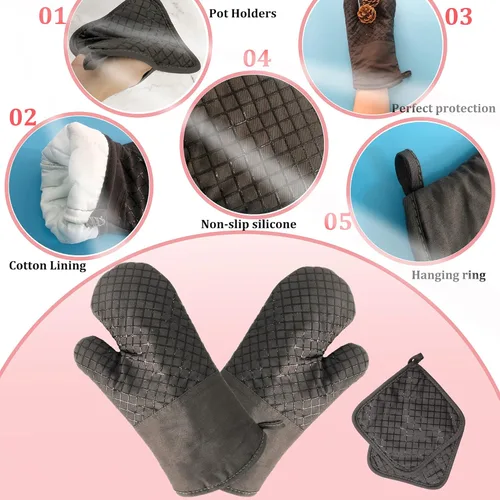 Miniatura 3 de 4 Piezas Guantes de Horno y Soportes para Ollas, Guantes de Horno de Cocina Resistentes al Calor de 500 °F con Soportes para Ollas, Guantes Largos