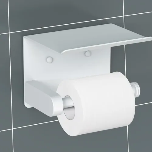 Miniatura 4 de VAEHOLD Soporte de papel higiénico autoadhesivo con estante para teléfono, soporte de rollo de papel higiénico montado en la pared de acero Blanco