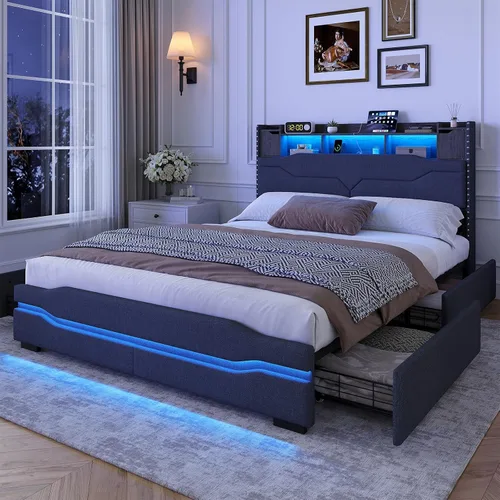 Miniatura 9 de Maupvit Base de cama matrimonial con cabecera de almacenamiento, 4 cajones debajo de la cama y luces LED, plataforma tapizada con estación de carga