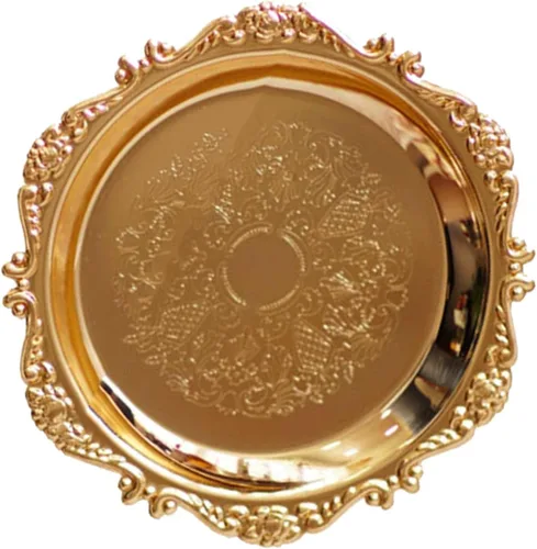 Miniatura 4 de TITA-DONG Plato redondo de fruta, bandeja de metal para servir alimentos, platos redondos vintage, bandeja de frutas, postre y pastel, disco Dorado