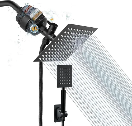 Cabezal de ducha de lluvia filtrado, cuadrado de alta presión de 8 pulgadas y rociador de mano de metal con manguera de acero inoxidable, filtro de