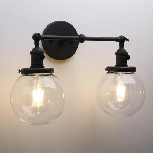Phansthy Aplique de pared de vidrio industrial de 2 luces, lámpara de pared de baño con interruptor de encendido y brazo oscilante, pantalla de Negro