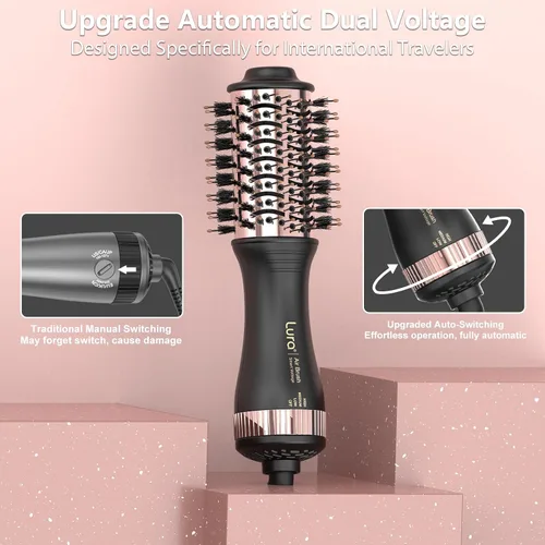 Miniatura 2 de Cepillo secador de pelo automático de doble voltaje con enchufe europeo, mini cepillo secador de pelo de viaje para mujeres, portátil, ligero, de un