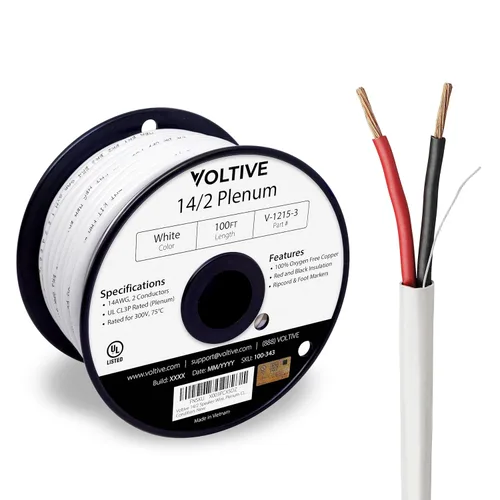 Miniatura 34 de Voltive Cable de altavoz 16/2, Plenum CL3P, negro, 100 pies - 16AWG, 2 conductores, cobre trenzado sin oxígeno, listado UL - V-1217-1