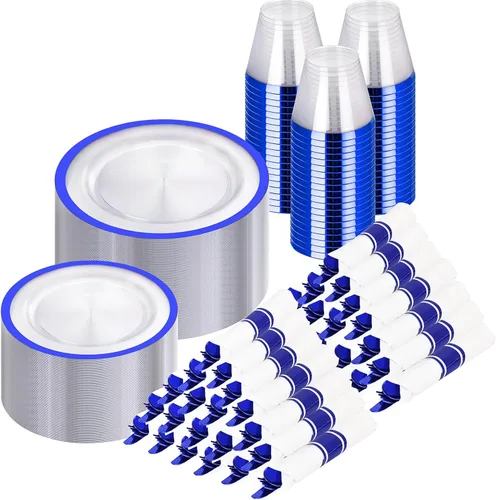 Miniatura 10 de I00000 Juego de 210 platos rojos, platos de plástico transparente y rojo que incluye 60 platos, 30 tazas, 30 servilletas enrolladas con cubiertos