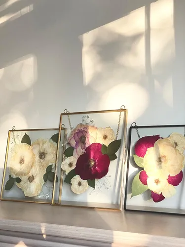 Miniatura 9 de Beedecor Juego de 2 marcos colgantes de vidrio doble para flores prensadas, hojas y obras de arte, marco flotante de metal grande con cadena, marcos