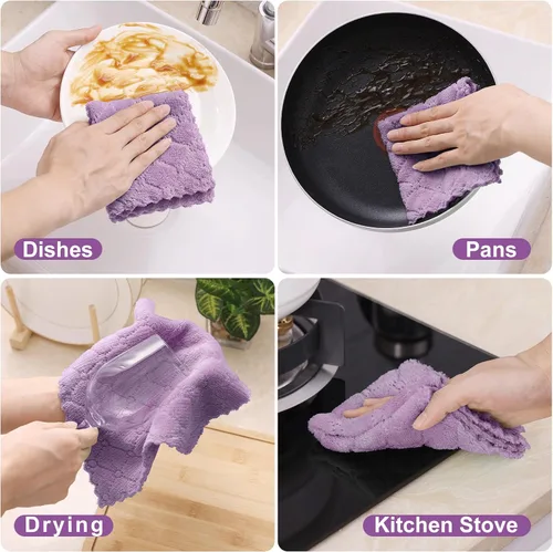 Miniatura 4 de Homaxy - Paquete de 12 trapos de cocina (10 x 10 pulgadas, morado), de terciopelo coral, supersuaves y absorbentes, de secado rápido, paño