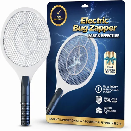 Raqueta matamoscas eléctrico para mosquitos, moscas e insectos voladores, matamoscas de mano de 18 pulgadas para uso en interiores y exteriores, 2