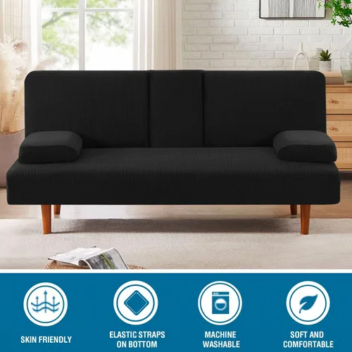 Miniatura 3 de LiveGo Funda para futón, 4 piezas, elásticas, para futón, sofá cama, con reposabrazos extraíbles y portavasos, protector de muebles, tela jacquard