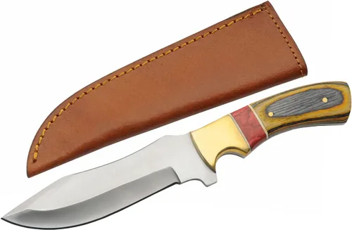 SZCO Full Tang Upsweep - Cuchillo de caza de 9.5 pulgadas, cuchillo de bolsillo con hoja de acero inoxidable, mango de madera ámbar rojo/latón y