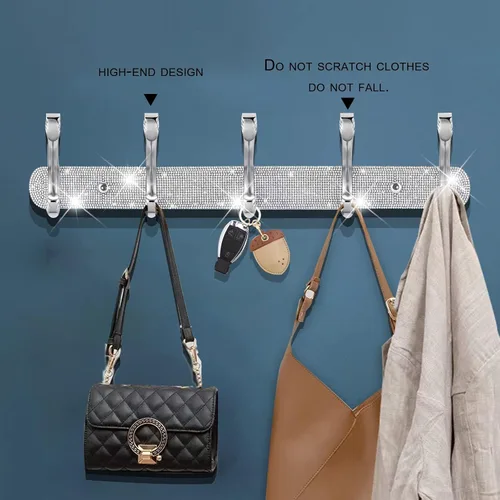 Miniatura 5 de BlackFish Soporte para Perchero de Montaje, Diamantes de Imitación Plateados Brillantes Montado en la Pared 5 Ganchos, Ganchos para Llaves