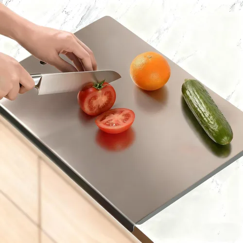 Miniatura 10 de Tabla de cortar grande de acero inoxidable con borde para cocina, tablas de cortar con alfombrilla antideslizante naranja, tabla de cortar con borde