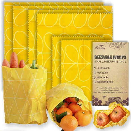 Miniatura 31 de Zelten Envolturas reutilizables de cera de abejas (3 paquetes, 3 tamaños S, M, L) sin plástico y silicona, envoltura ecológica, papel de cera
