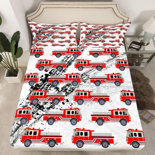 Miniatura 20 de Juego de sábanas bajeras ajustables para niños, diseño de caricaturas, camiones, tamaño individual, juegos de ropa de cama de excavadoras, camiones