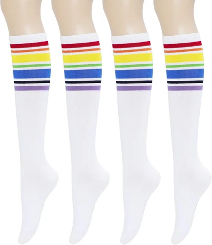 YEJIMONG Calcetines altos hasta la rodilla para mujeres y niñas, 4 pares de calcetines de tubo a rayas con puños acanalados antideslizantes (talla