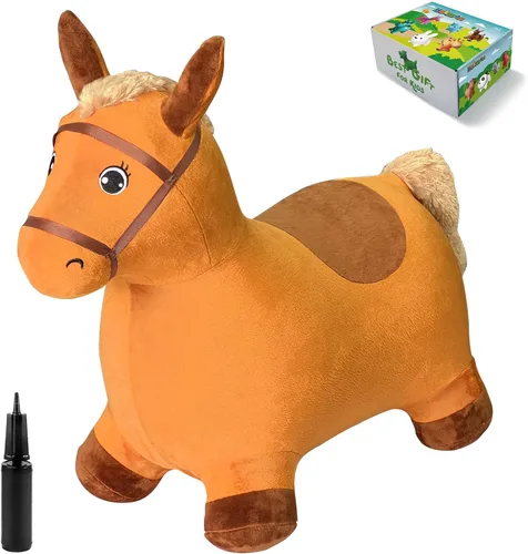 Miniatura 7 de HotMax Caballo saltador marrón, caballo inflable extraíble de felpa para niños pequeños, paseo al aire libre en animales de granja hinchables