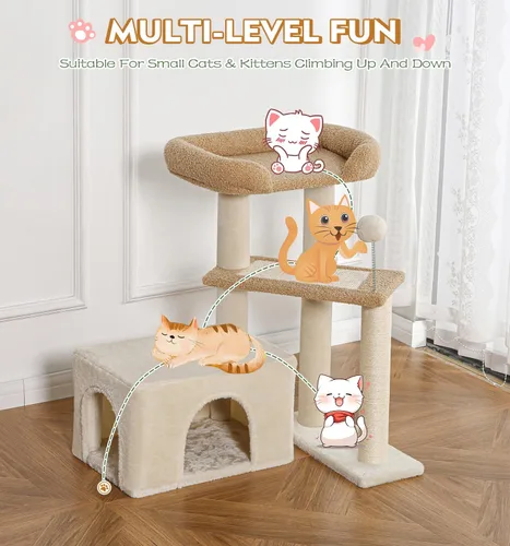Miniatura 8 de Made4Pets - Árbol para gatos, torre de gato con alfombra gris para gatos de interior, lindo condominio de madera para gatitos con poste para rascar