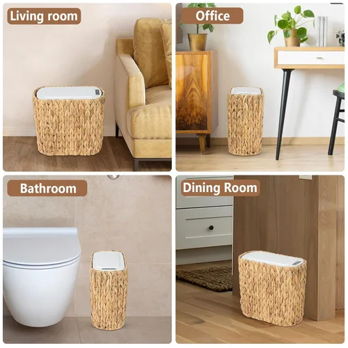 Miniatura 6 de Trongee Bote de basura bohemio con tapa, cubo de basura pequeño de ratán de 3 galones con tapa superior de presión, cesta de basura delgada