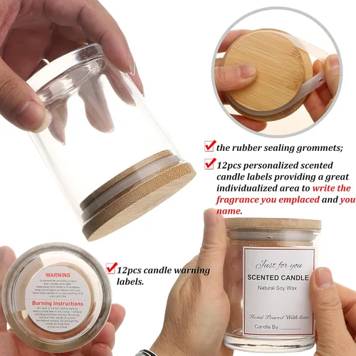 Miniatura 4 de MILIVIXAY Paquete de 12 unidades de tarros de vela de 7 onzas de vidrio transparente con tapas y kits para hacer velas - Tarros de vela vacíos a